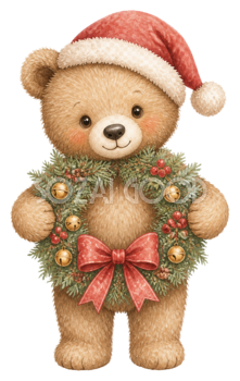 クリスマスリースを持つ子ぐまのかわいいイラスト｜無料素材95789