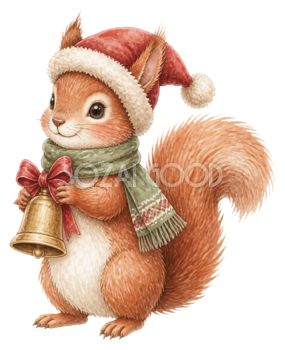 金色のベルを持つリスのクリスマスイラスト｜無料素材95790
