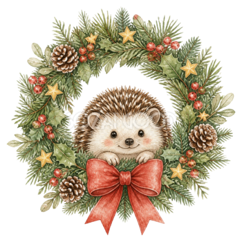 クリスマスリースから顔を出すハリネズミのイラスト｜無料素材95791