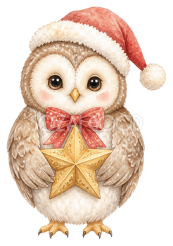 金色の星を抱えるフクロウのクリスマスイラスト｜無料素材95793