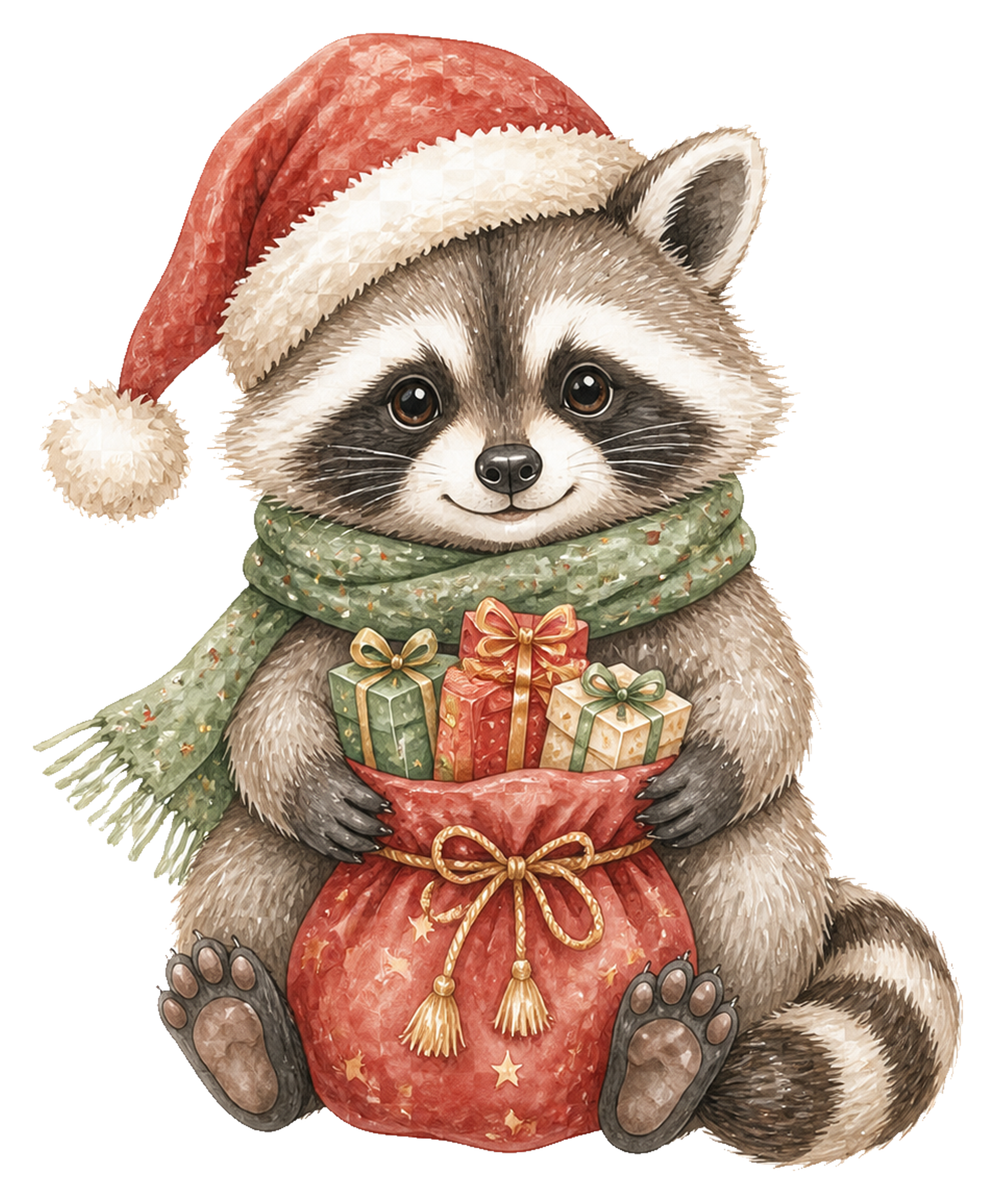 プレゼント袋を抱えるアライグマのクリスマスイラスト｜無料素材95794に写真・文字を入れる