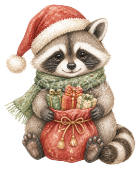プレゼント袋を抱えるアライグマのクリスマスイラスト｜無料素材95794