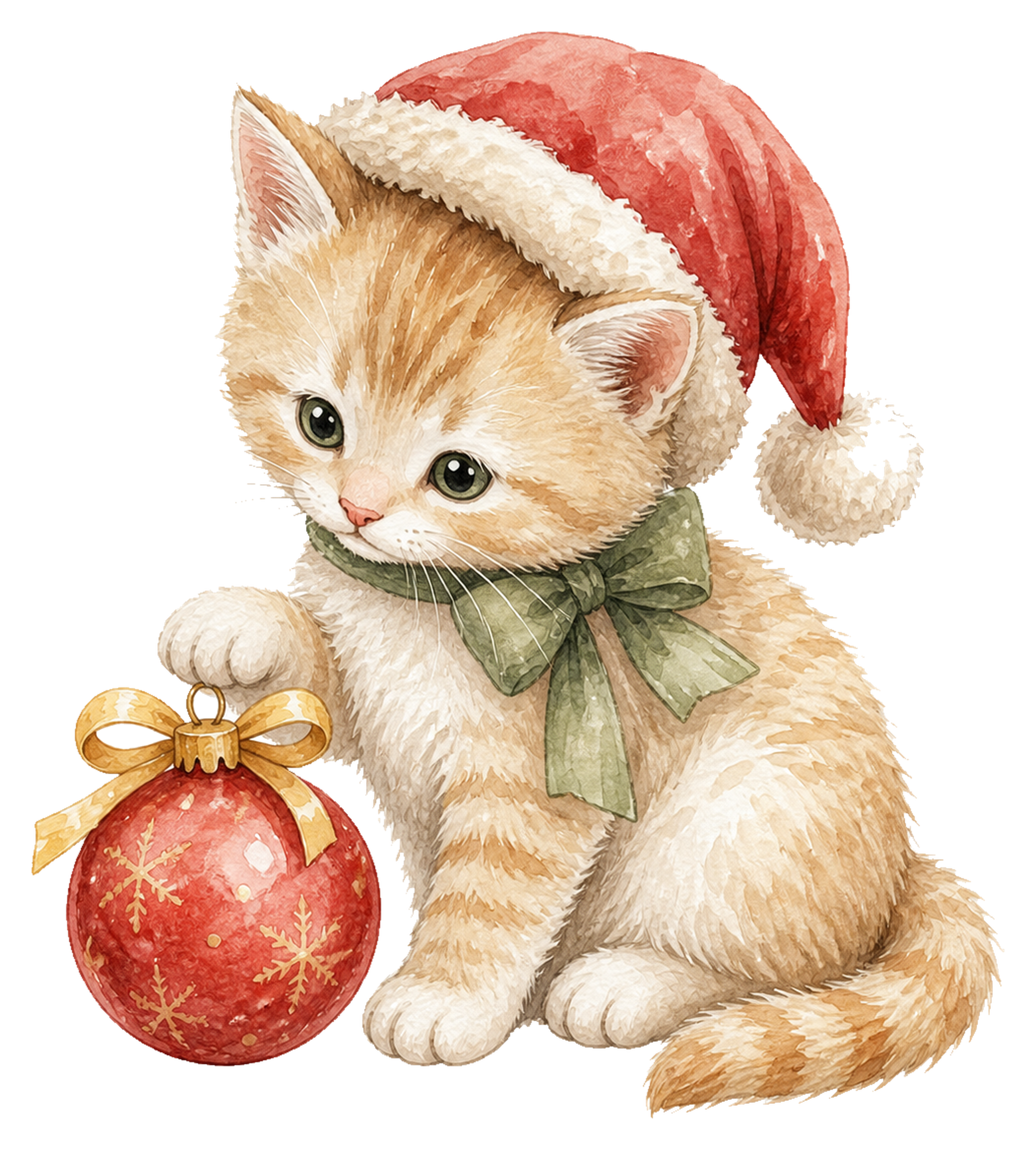 赤いオーナメントに触れる子猫のクリスマスイラスト｜無料素材95795に写真・文字を入れる
