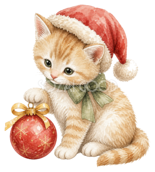 赤いオーナメントに触れる子猫のクリスマスイラスト｜無料素材95795