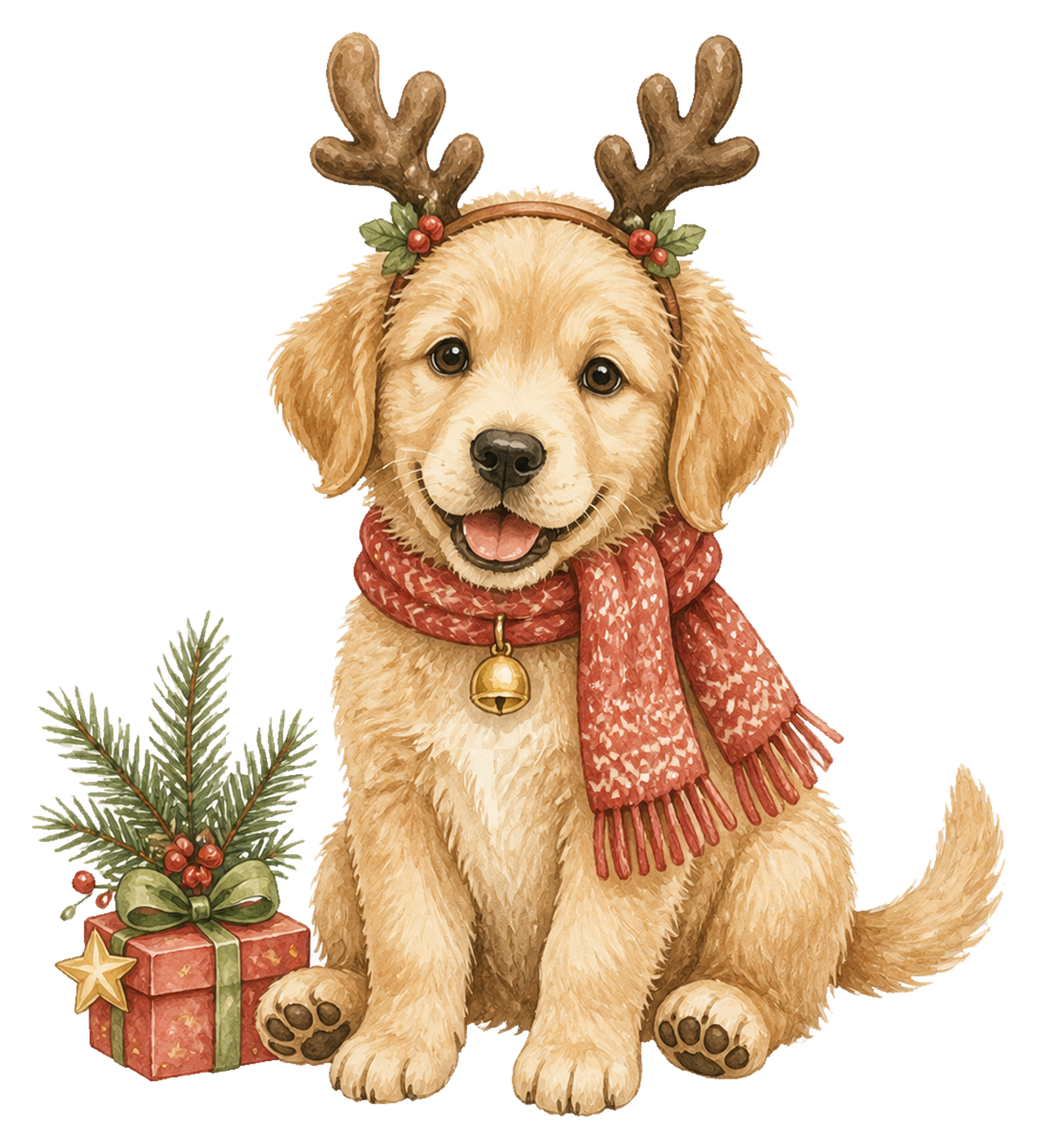 トナカイの角飾りを着けた子犬のクリスマスイラスト｜無料素材95796に写真・文字を入れる