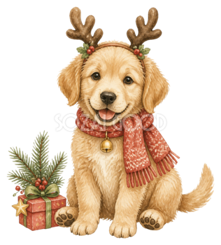 トナカイの角飾りを着けた子犬のクリスマスイラスト｜無料素材95796