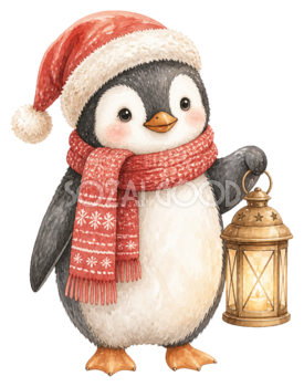 光るランタンを持つペンギンのクリスマスイラスト｜無料素材95797