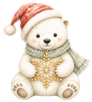 金色の雪の結晶を持つ白くまのクリスマスイラスト｜無料素材95798