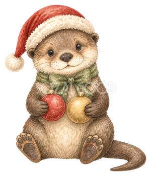 赤と金のオーナメントを持つカワウソのイラスト｜無料素材95799