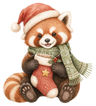 クリスマス靴下を持つレッサーパンダのイラスト｜無料素材95801