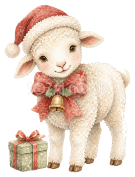 ベルとプレゼントを添えた子羊のクリスマスイラスト｜無料素材95804