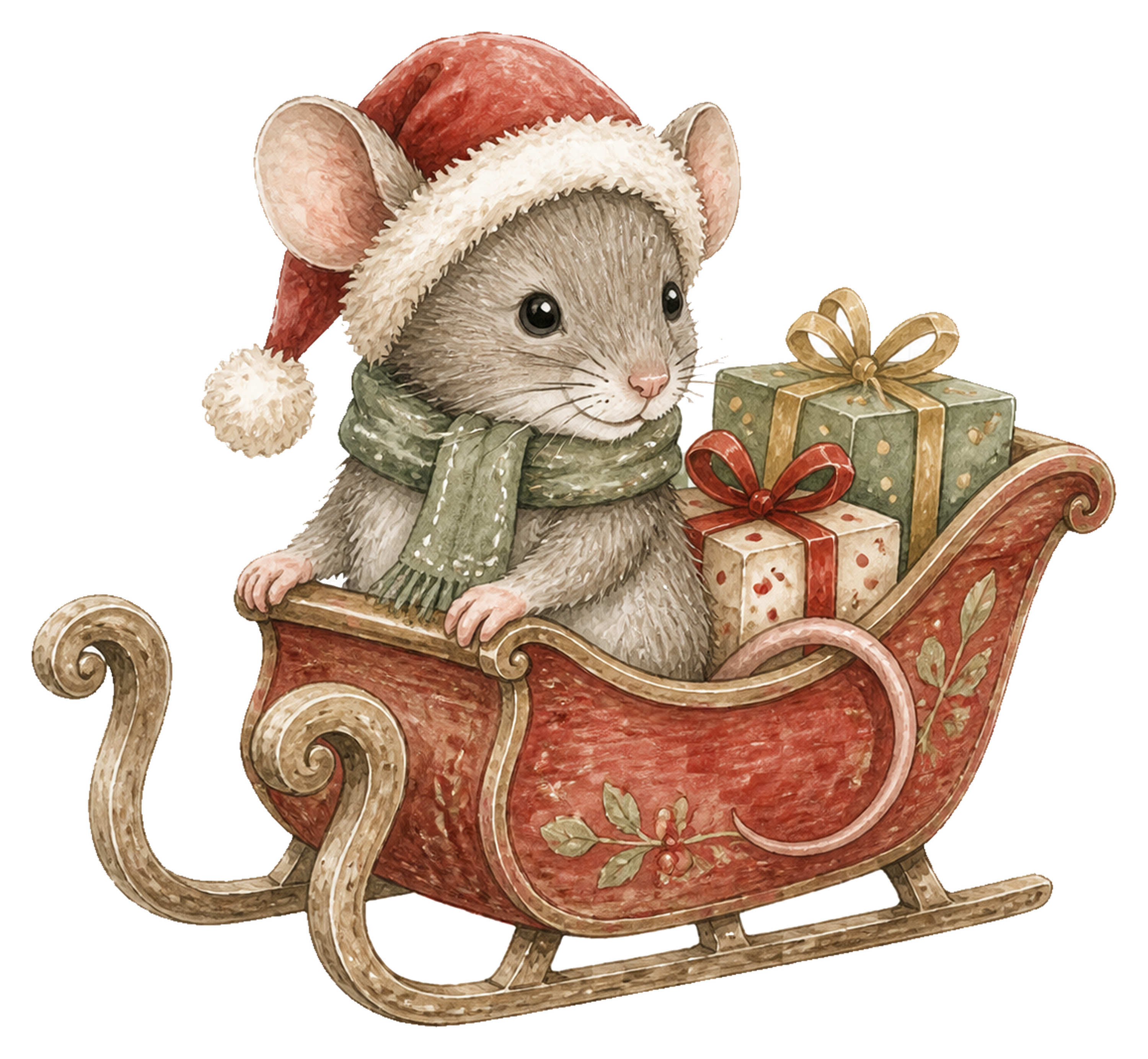 プレゼントのそりに乗る子ねずみのクリスマスイラスト｜無料素材95805に写真・文字を入れる
