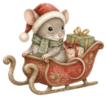 プレゼントのそりに乗る子ねずみのクリスマスイラスト｜無料素材95805