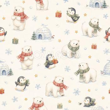 シロクマとペンギンの冬背景｜クリスマス無料イラスト素材95816