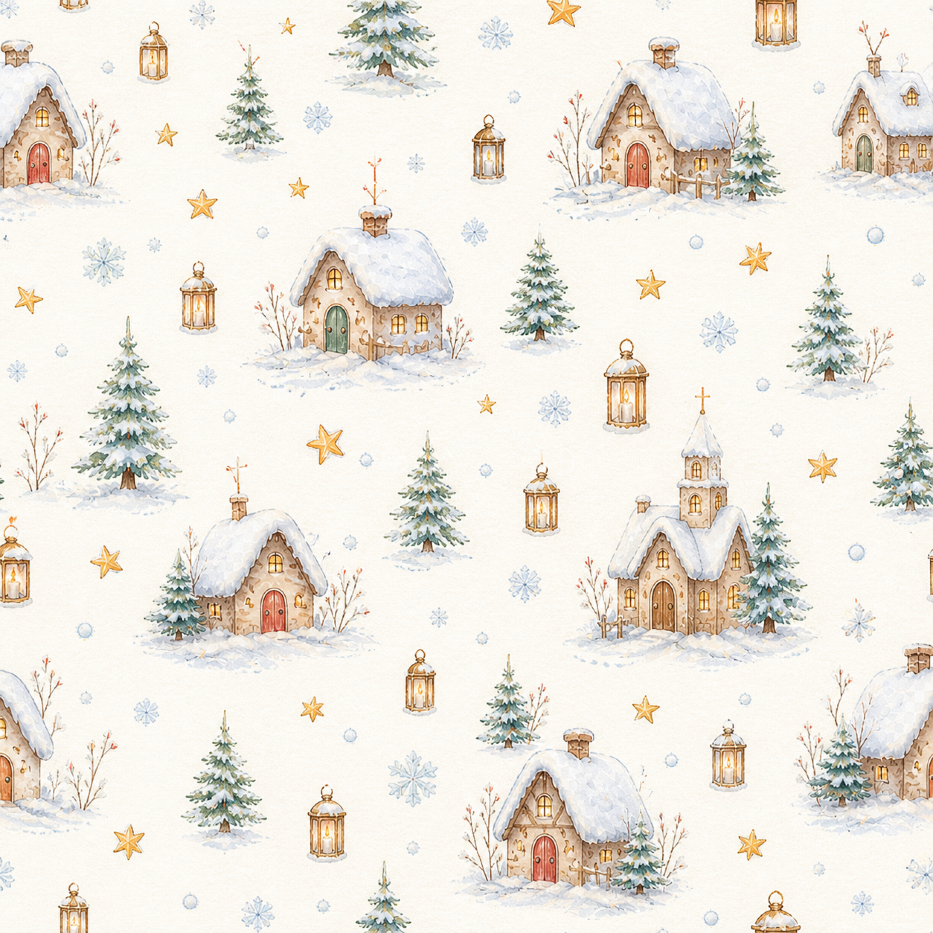 雪のクリスマス村と教会の背景｜水彩の無料イラスト素材95818に写真・文字を入れる