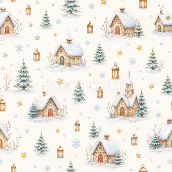 雪のクリスマス村と教会の背景｜水彩の無料イラスト素材95818