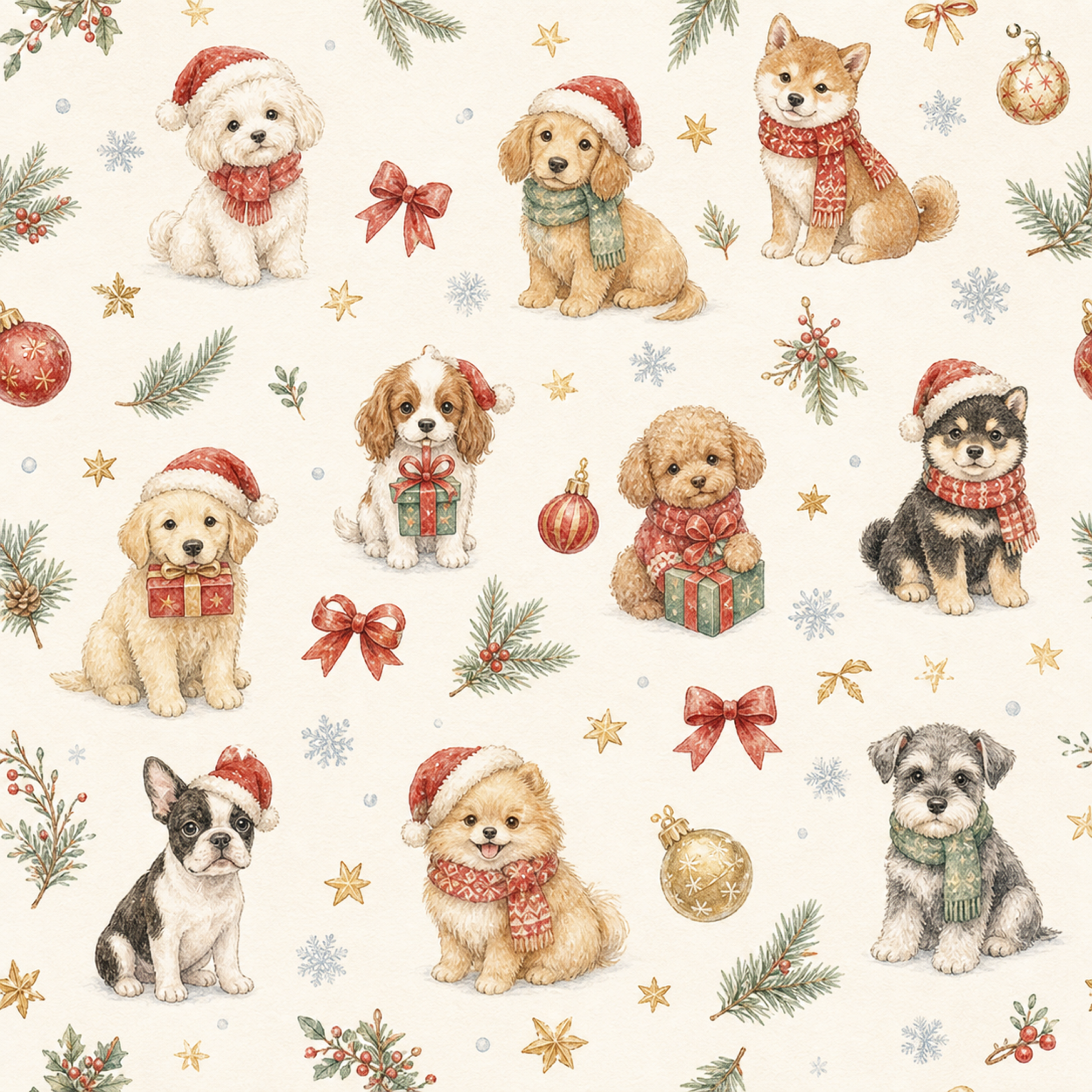サンタ帽の子犬のクリスマス背景｜無料イラスト素材95823に写真・文字を入れる