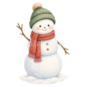 手を振るかわいい雪だるまの無料イラスト｜絵本タッチの冬素材95829