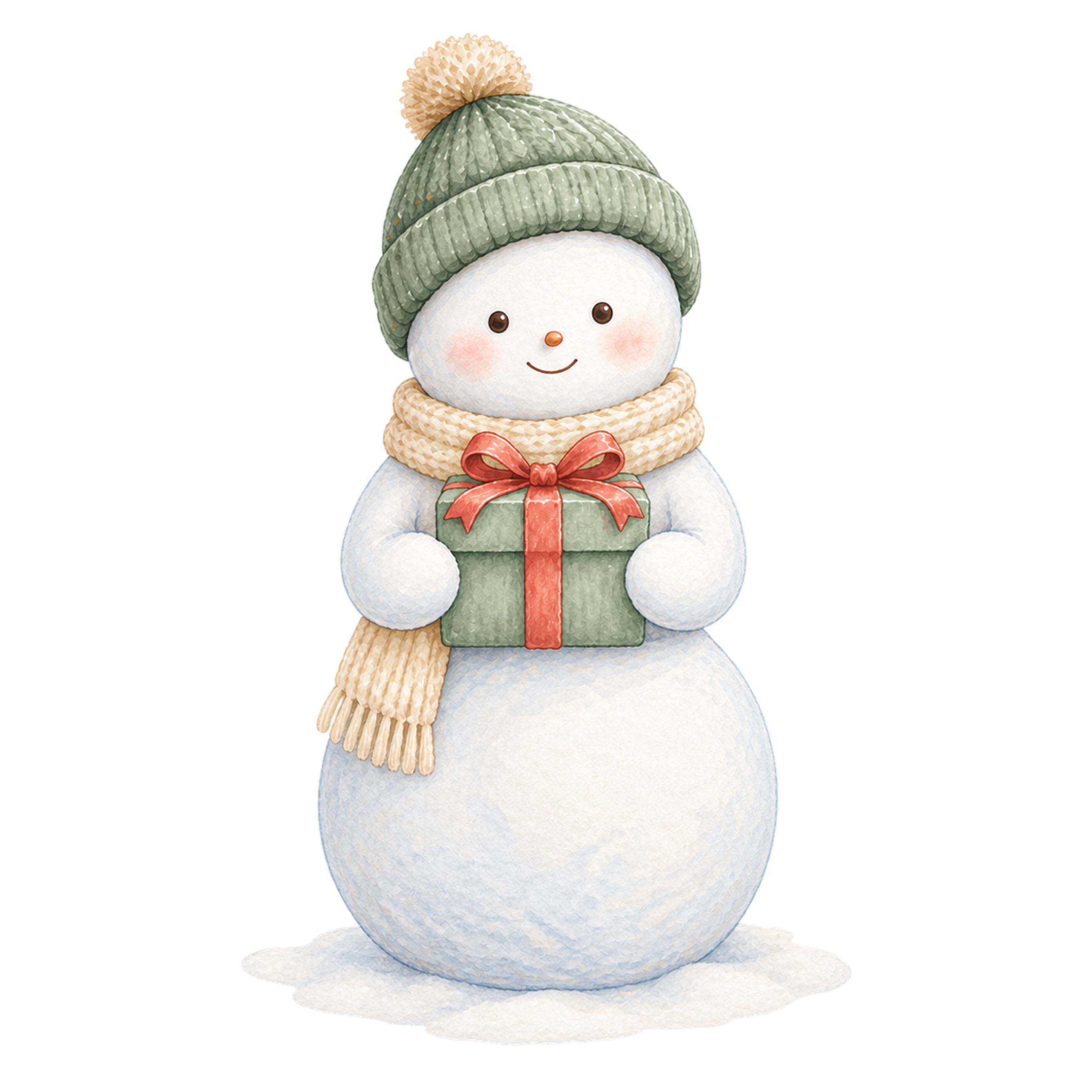 プレゼントを持つ雪だるまの無料イラスト｜絵本タッチのクリスマス素材95830に写真・文字を入れる