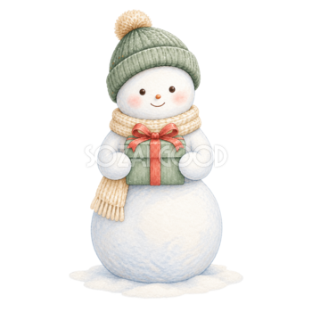 プレゼントを持つ雪だるまの無料イラスト｜絵本タッチのクリスマス素材95830