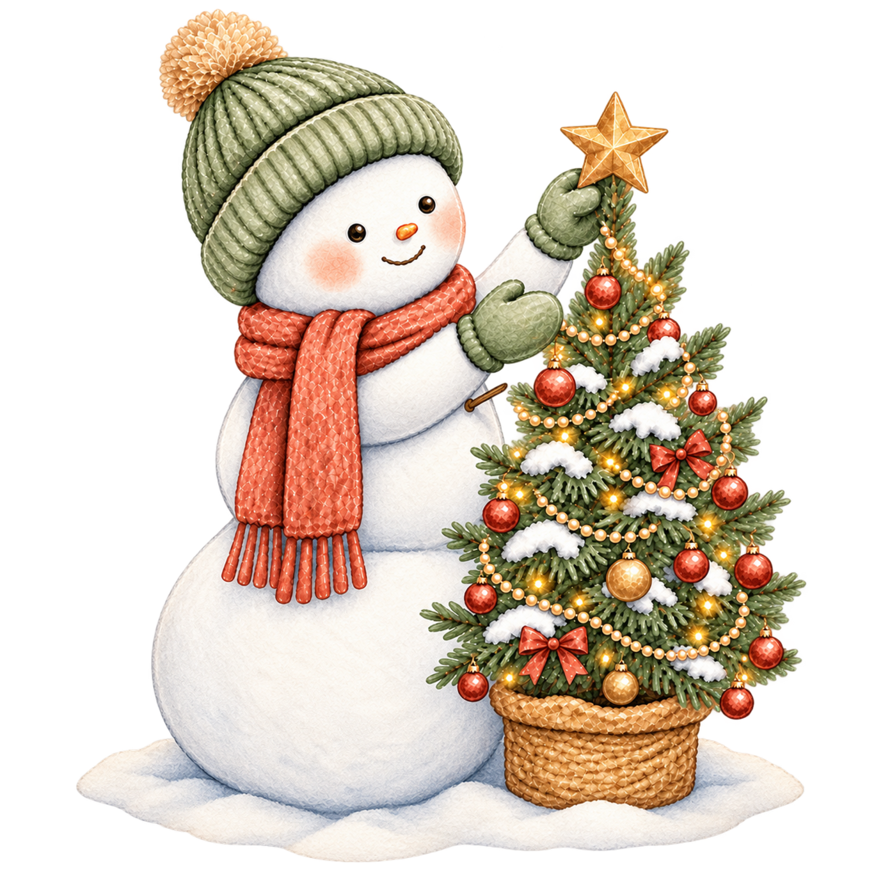 豪華なツリーを飾る雪だるまの無料イラスト｜絵本タッチのクリスマス素材95831に写真・文字を入れる