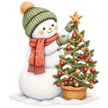 豪華なツリーを飾る雪だるまの無料イラスト｜絵本タッチのクリスマス素材95831