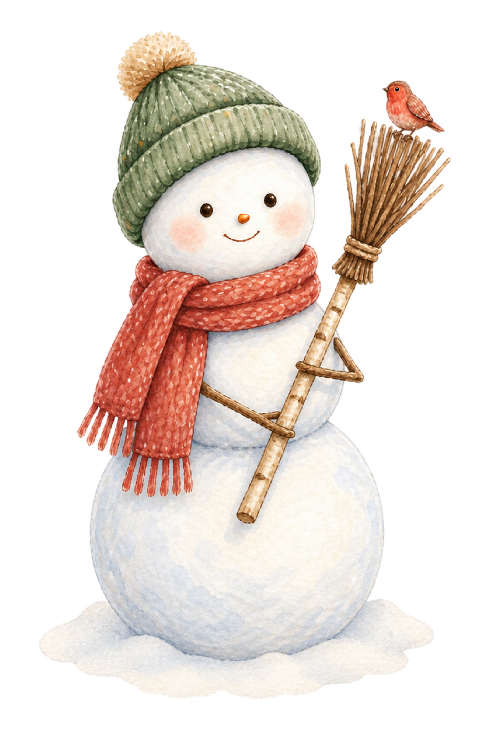 ほうきと小鳥の雪だるま無料イラスト｜絵本タッチのかわいい冬素材95832に写真・文字を入れる