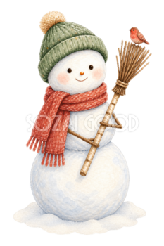ほうきと小鳥の雪だるま無料イラスト｜絵本タッチのかわいい冬素材95832