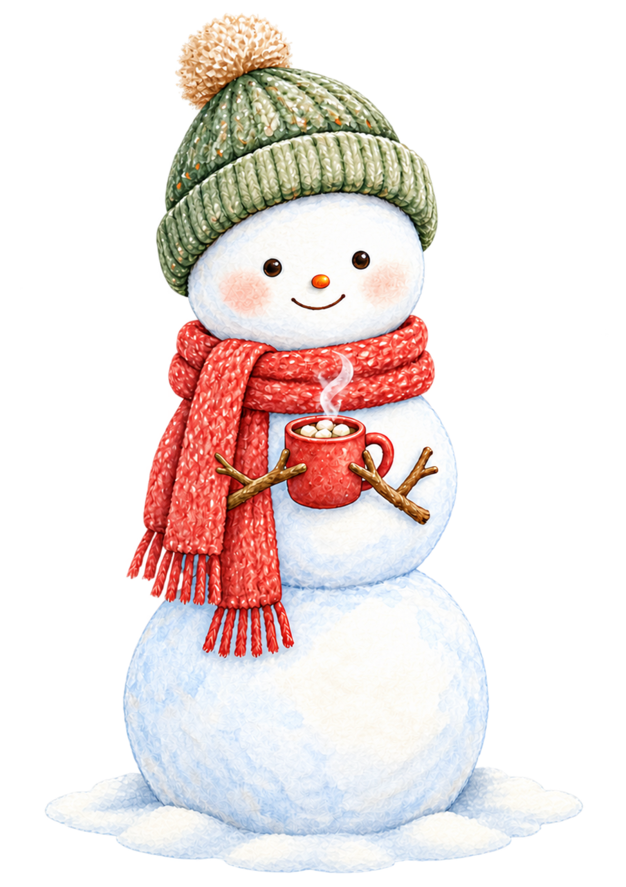 ホットココアを持つ雪だるまの無料イラスト｜絵本タッチの冬素材95833に写真・文字を入れる