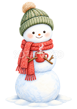 ホットココアを持つ雪だるまの無料イラスト｜絵本タッチの冬素材95833