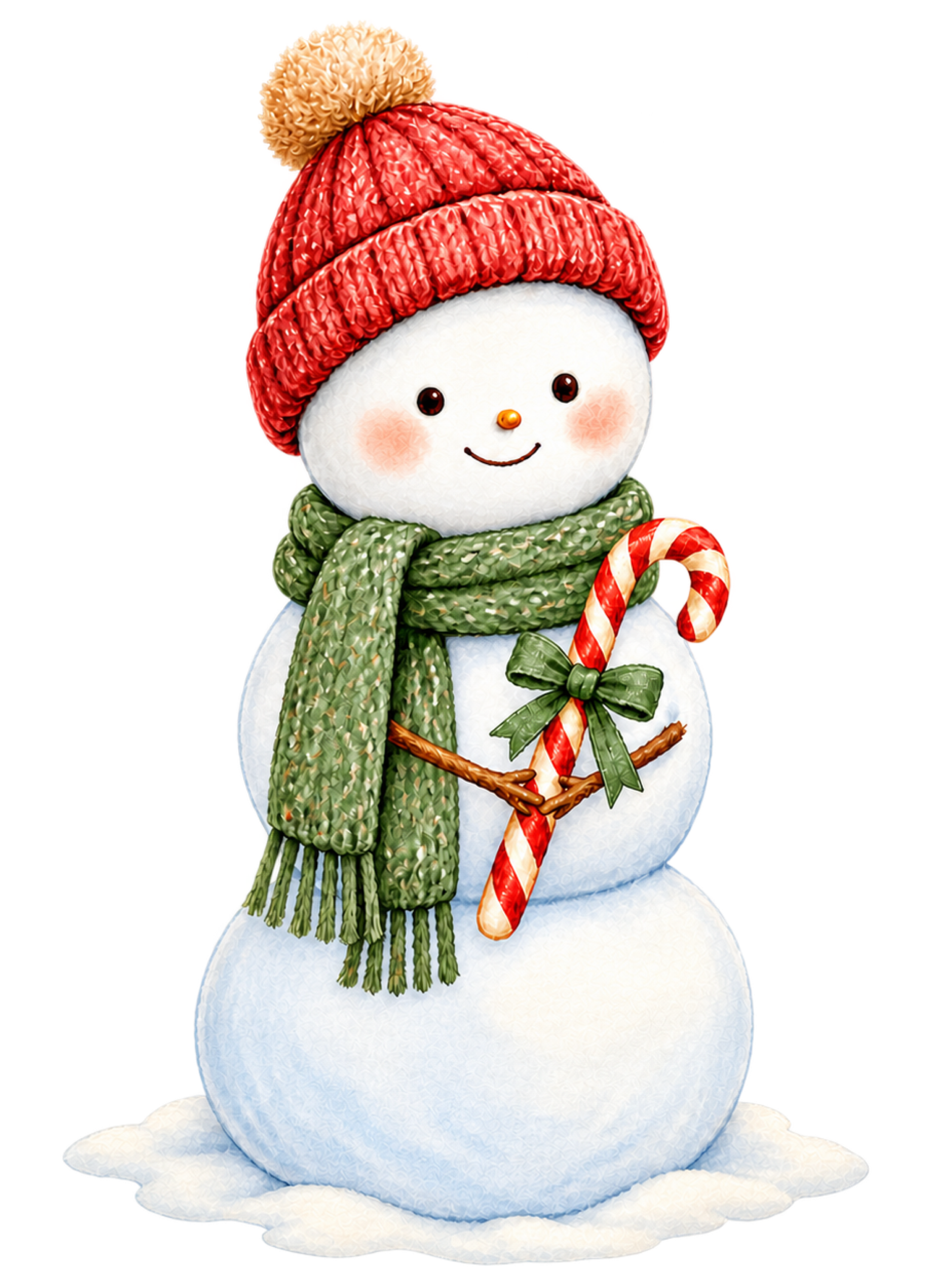 キャンディケインを持つ雪だるま無料イラスト｜絵本タッチのクリスマス素材95834に写真・文字を入れる