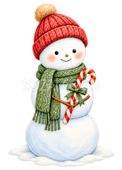 キャンディケインを持つ雪だるま無料イラスト｜絵本タッチのクリスマス素材95834