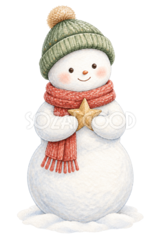 金色の星を持つ雪だるまの無料イラスト｜絵本タッチのクリスマス素材95835