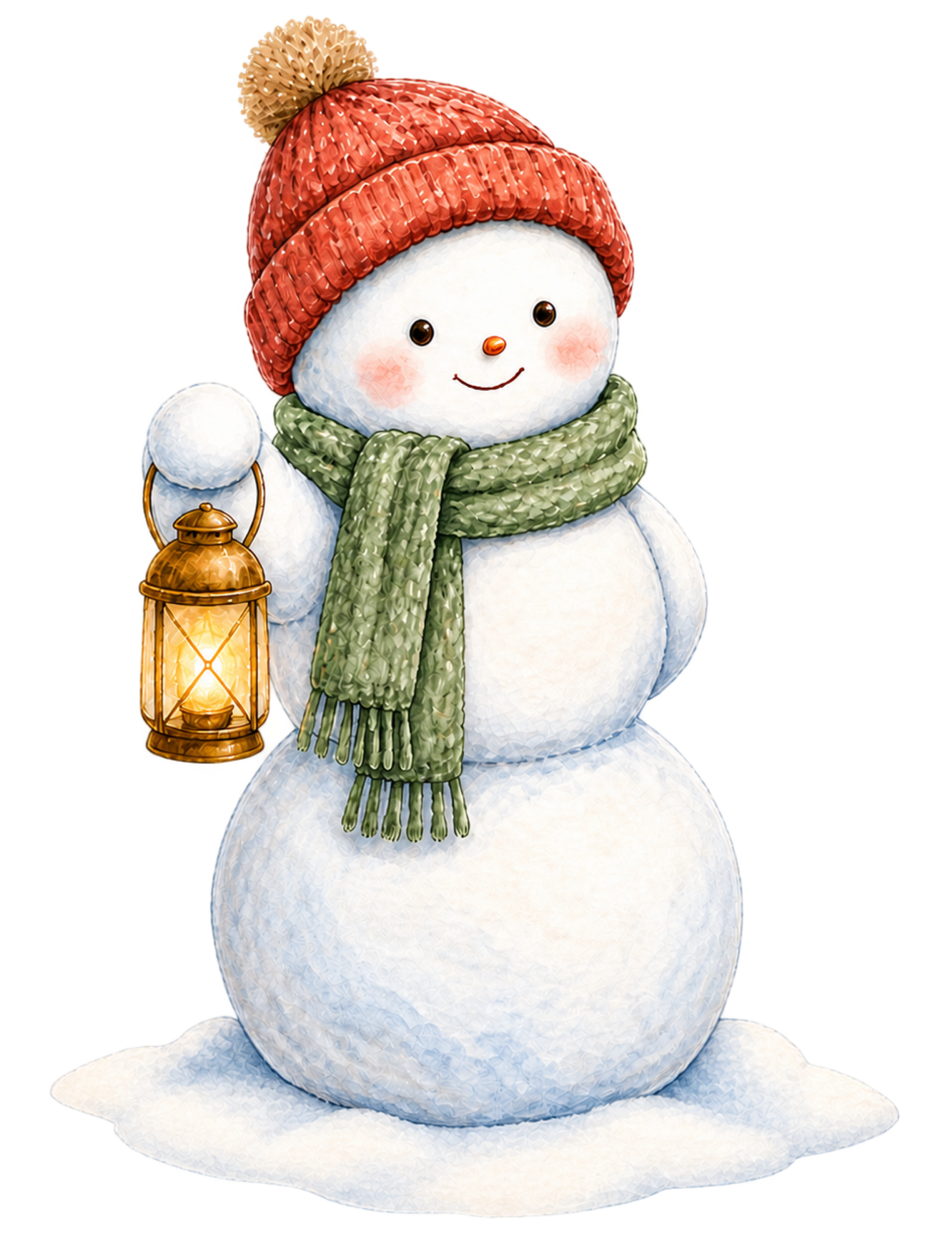 ランタンを持つ雪だるまの無料イラスト｜絵本タッチの冬素材95836に写真・文字を入れる