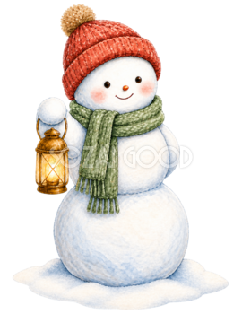 ランタンを持つ雪だるまの無料イラスト｜絵本タッチの冬素材95836