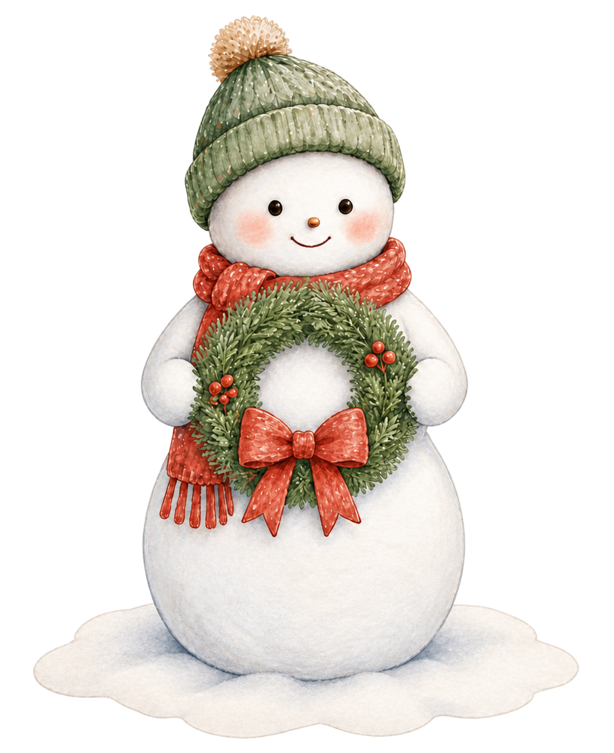 クリスマスリースを持つ雪だるま無料イラスト｜絵本タッチ素材95837に写真・文字を入れる