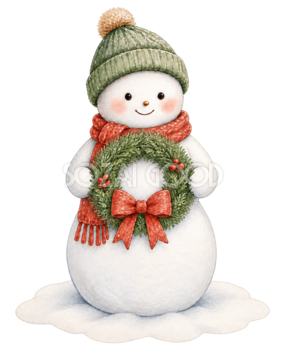 クリスマスリースを持つ雪だるま無料イラスト｜絵本タッチ素材95837