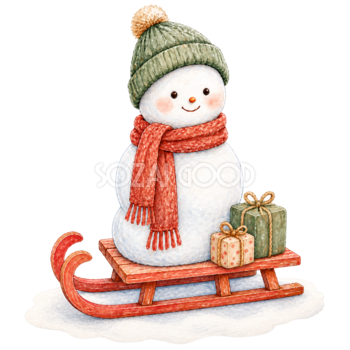 そりに乗るかわいい雪だるまの無料イラスト｜絵本タッチの冬素材95838