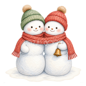 マフラーを分け合う2人の雪だるま無料イラスト｜絵本タッチ素材95839