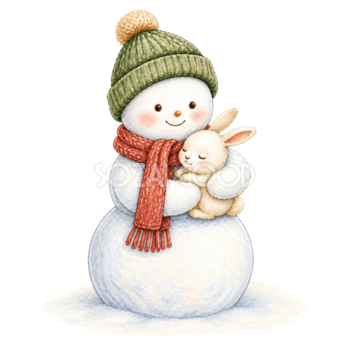 うさぎと雪だるまの無料イラスト｜絵本タッチのかわいい冬素材95840