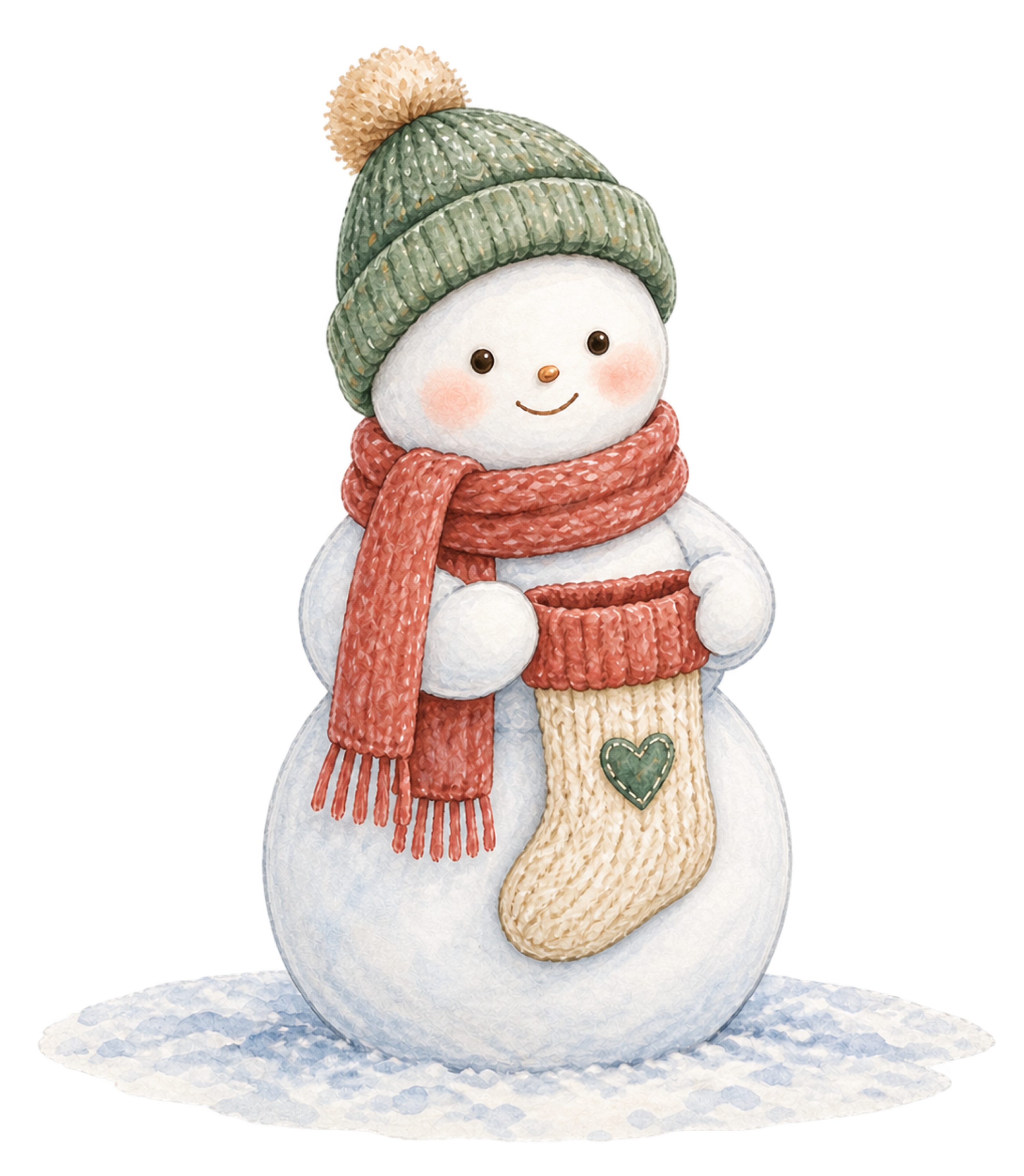 クリスマス靴下を持つ雪だるま無料イラスト｜絵本タッチ素材95844に写真・文字を入れる