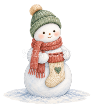 クリスマス靴下を持つ雪だるま無料イラスト｜絵本タッチ素材95844