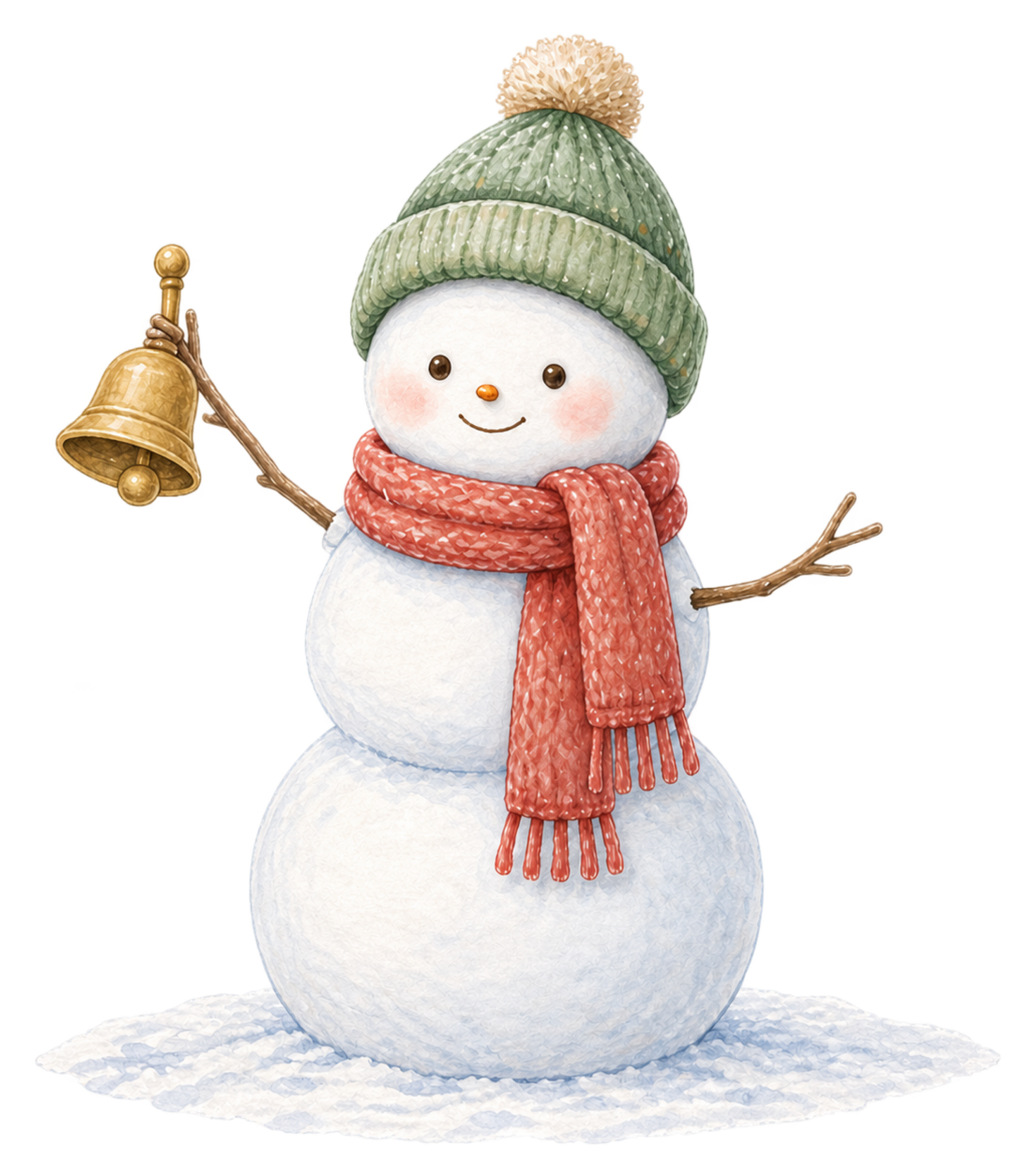 ベルを鳴らす雪だるまの無料イラスト｜絵本タッチのクリスマス素材95845に写真・文字を入れる