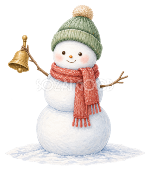 ベルを鳴らす雪だるまの無料イラスト｜絵本タッチのクリスマス素材95845