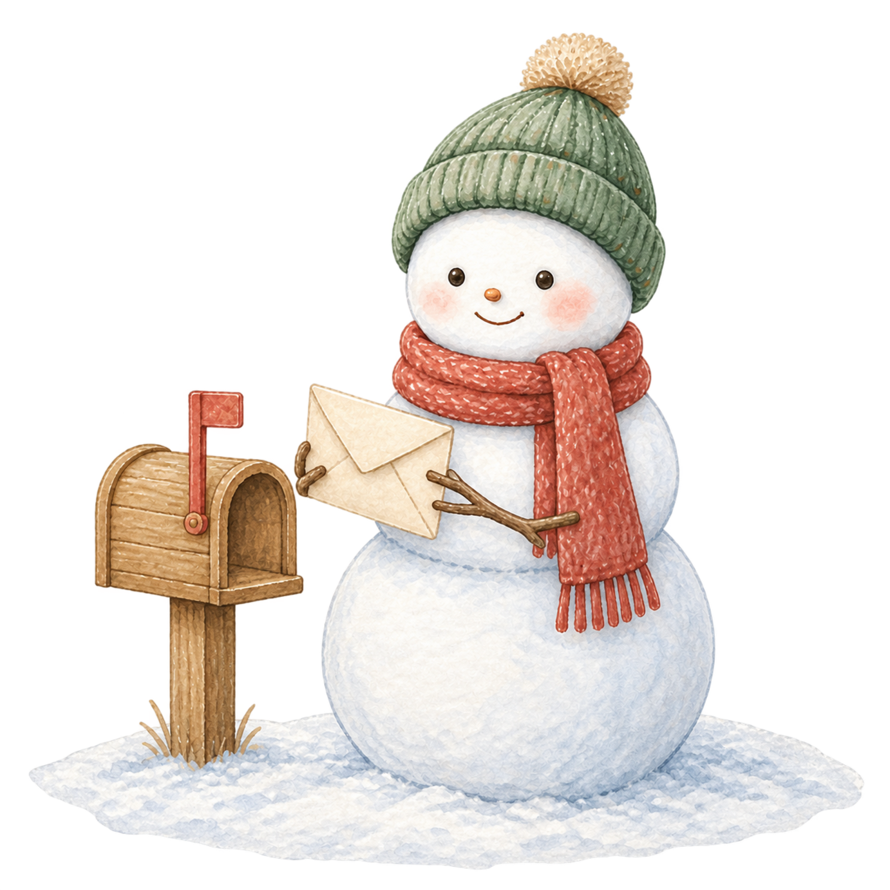 クリスマスポストと雪だるまの無料イラスト｜絵本タッチ素材95846に写真・文字を入れる