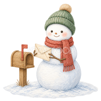 クリスマスポストと雪だるまの無料イラスト｜絵本タッチ素材95846