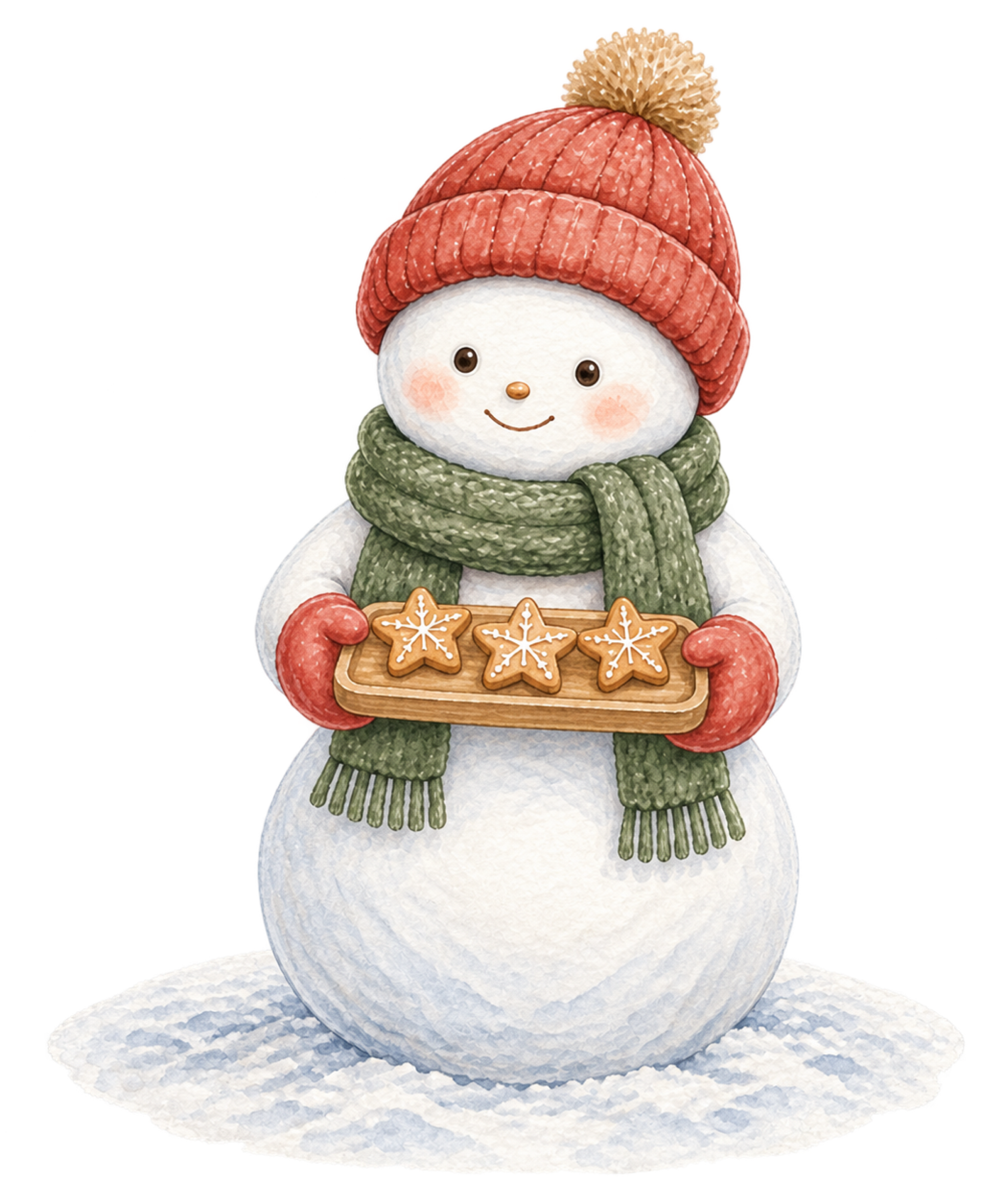 クリスマスクッキーを持つ雪だるま無料イラスト｜絵本タッチ素材95847に写真・文字を入れる