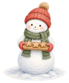 クリスマスクッキーを持つ雪だるま無料イラスト｜絵本タッチ素材95847