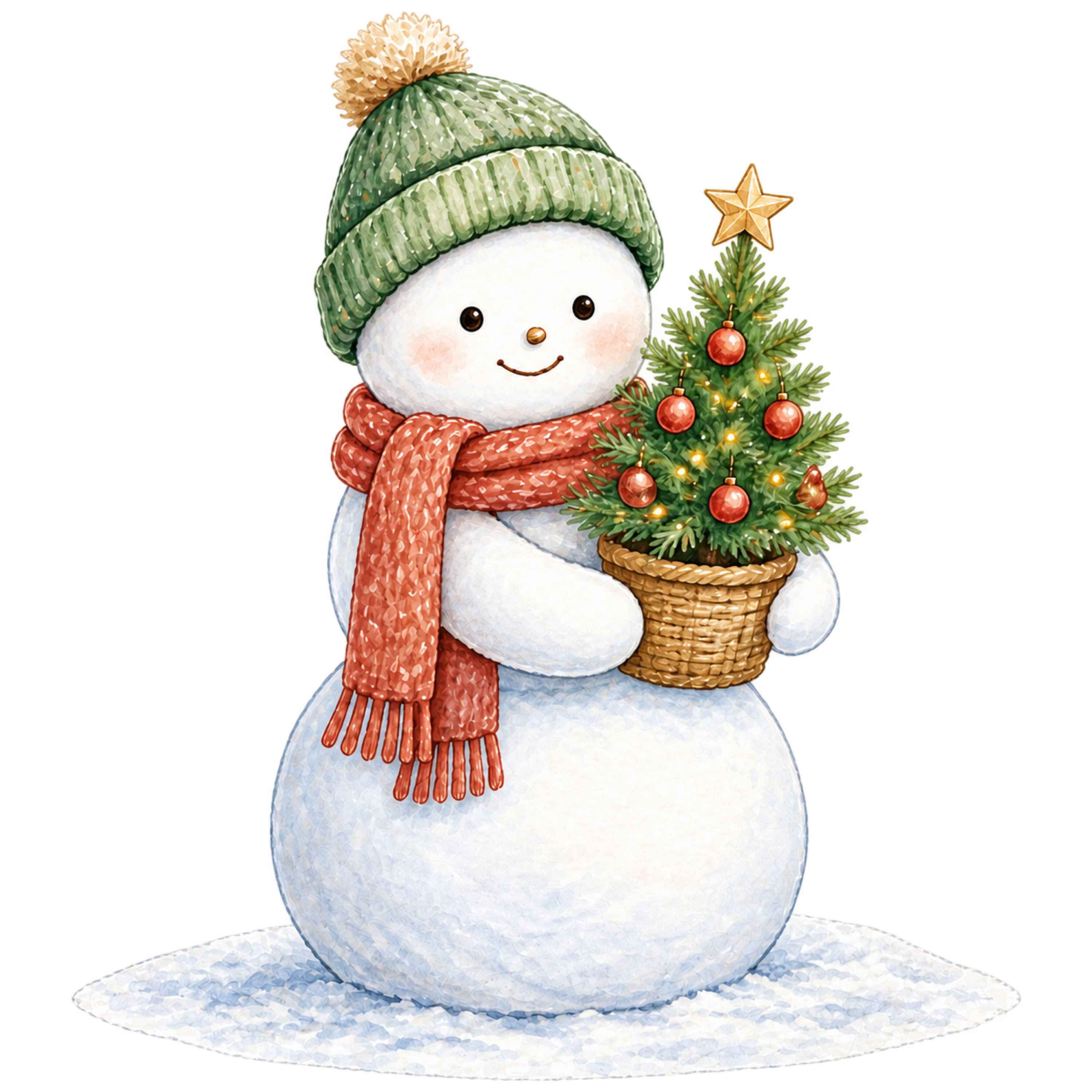 クリスマスツリーを抱える雪だるま無料イラスト｜絵本タッチ素材95848に写真・文字を入れる