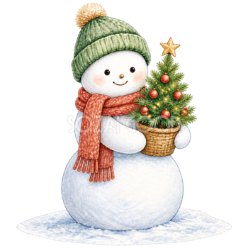 クリスマスツリーを抱える雪だるま無料イラスト｜絵本タッチ素材95848
